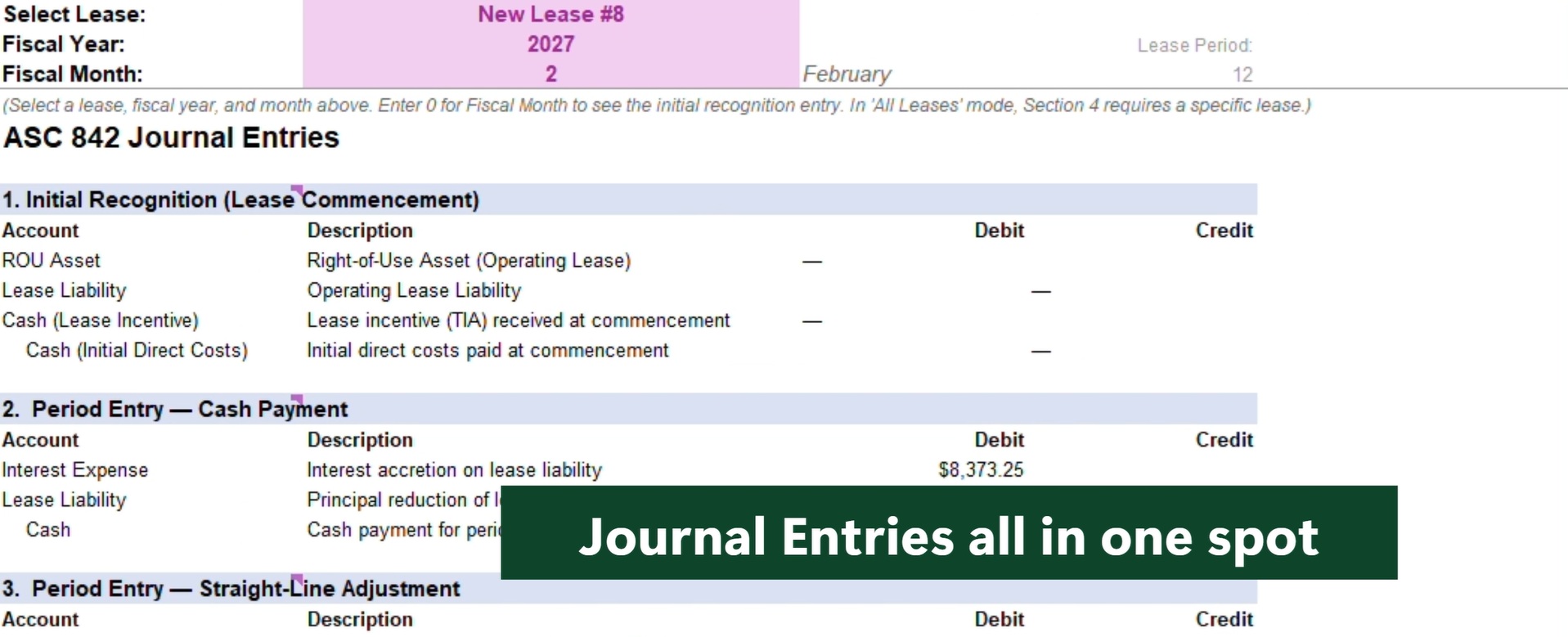 ASC 842 journal entries for initial recognition and periodic entries
