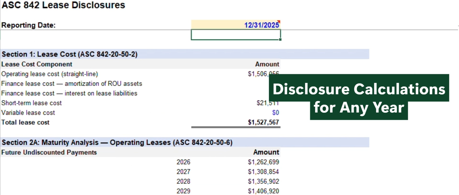 ASC 842-20-50 disclosure schedules showing lease cost and maturity analysis